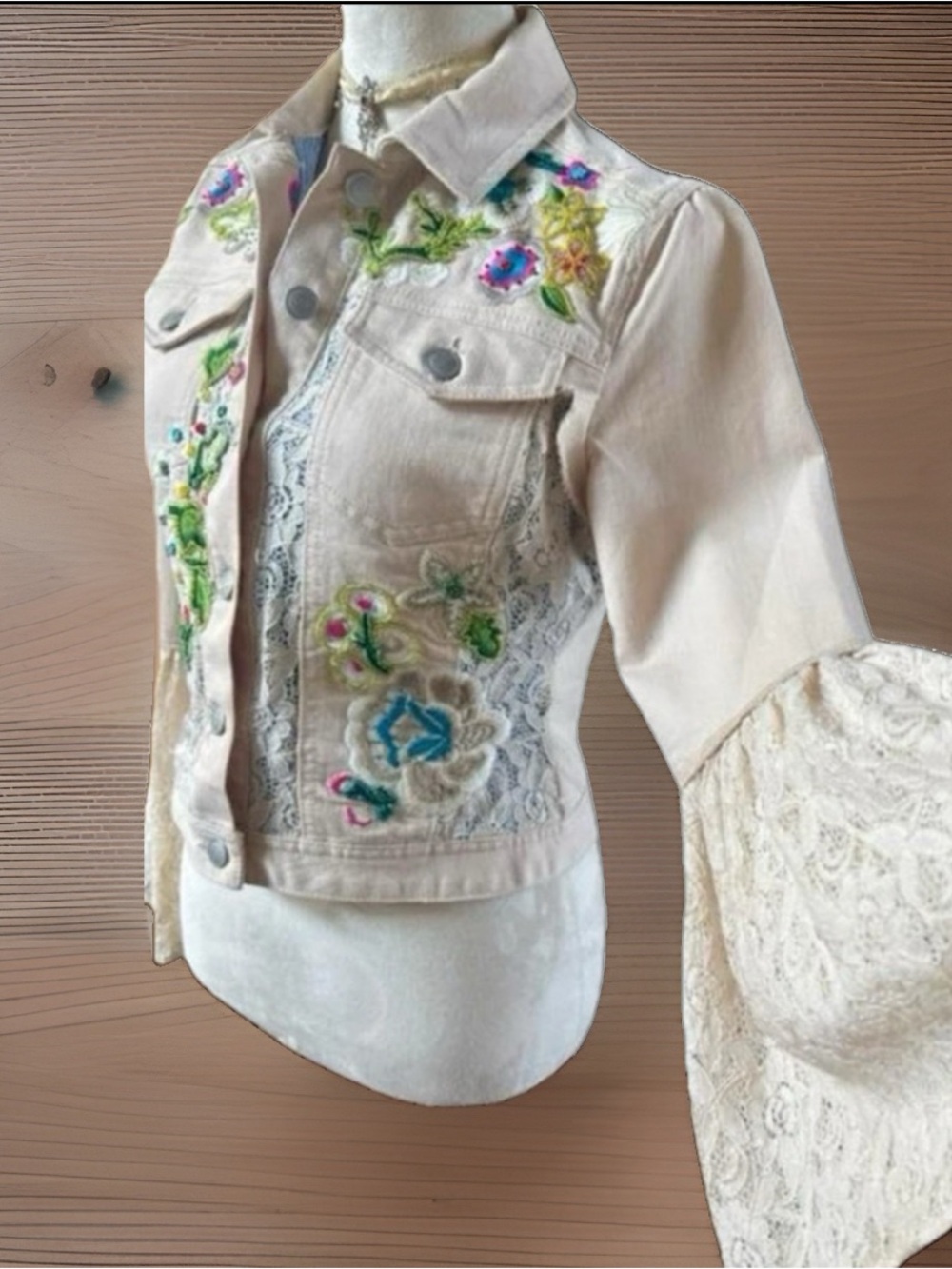 Boston Proper Cream Embroidered Lace-Panel Jean Jacket